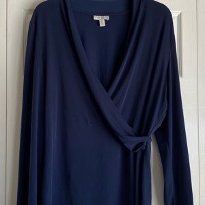 Women's Charter Club Blouse Long Sleeve Faux Wrap Navy Blue V-Neck Size XL
